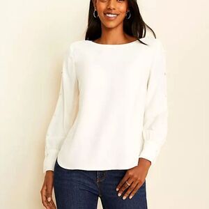 Ann Taylor Petites White Long Button Sleeve Dress Blouse Size XLP